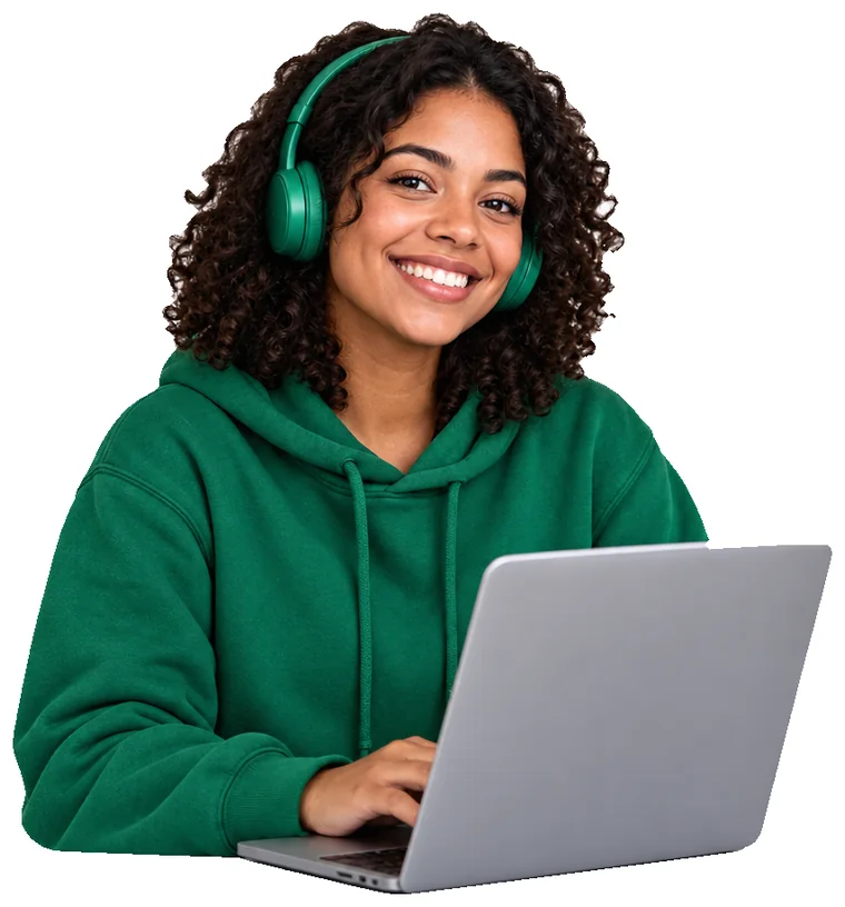 Freelancer brasileira sorrindo em frente ao notebook